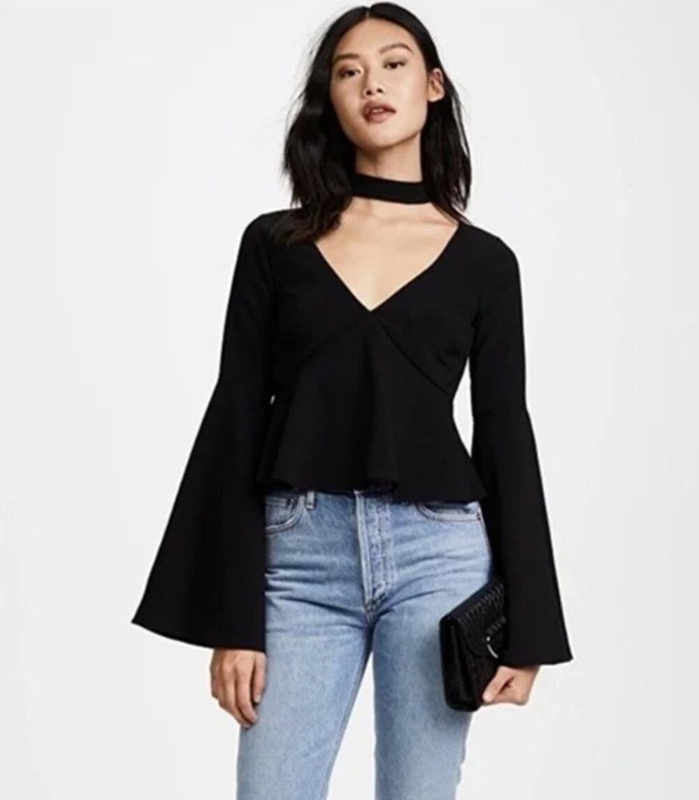 $148 New Medium US 6  LIKELY Black Haley Choker V Neck Top Women Blouse